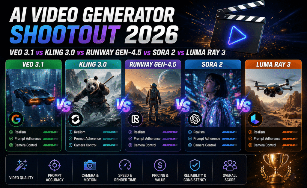 AI Video Generator Shootout 2026: Veo 3.1 vs Kling 3.0 vs Runway Gen-4.5 vs Sora 2 vs Luma Ray 3