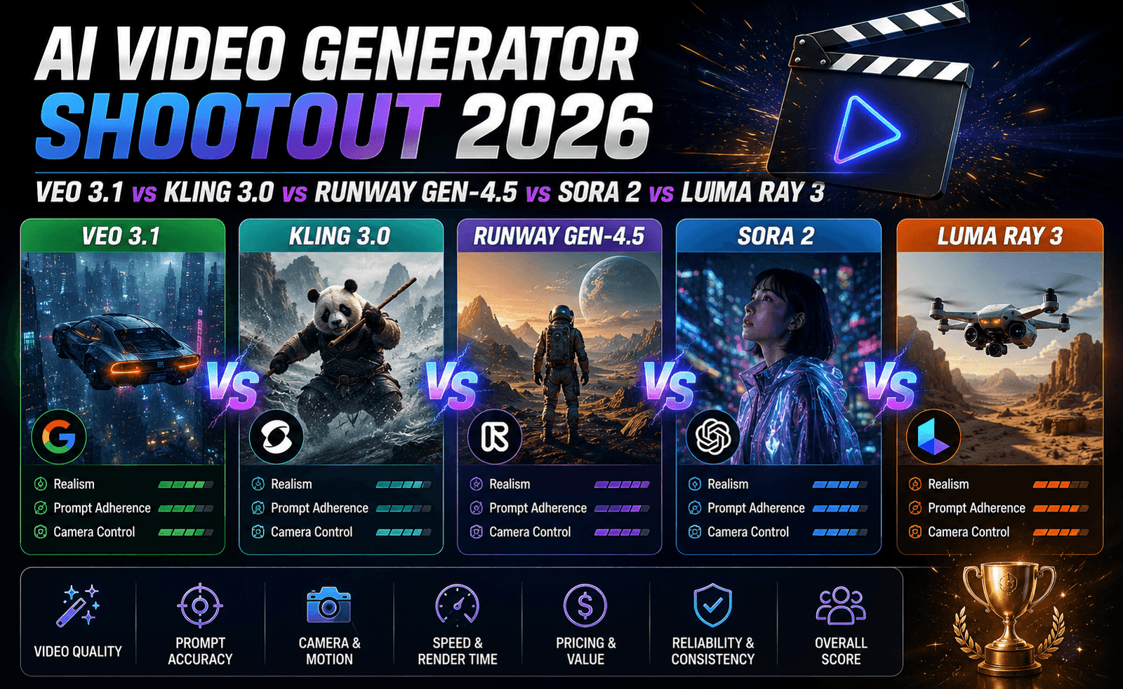AI Video Generator Shootout 2026: Veo 3.1 vs Kling 3.0 vs Runway Gen-4.5 vs Sora 2 vs Luma Ray 3